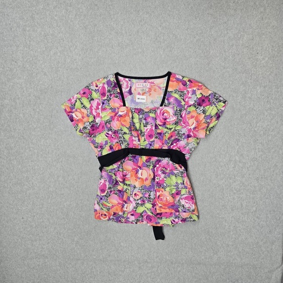 koi Tops - Koi Women Scrub Top S Pink Floral Mock Wrap‎ Coquettecore Button PO#1462